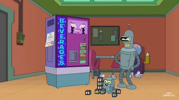 The foulmouthed robot Bender has a son with the office soda machine in the first episode of the seventh season of "Futurama."