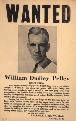 A 1939 wanted poster for American fascist William Dudley Pelley a former resident of Asheville.