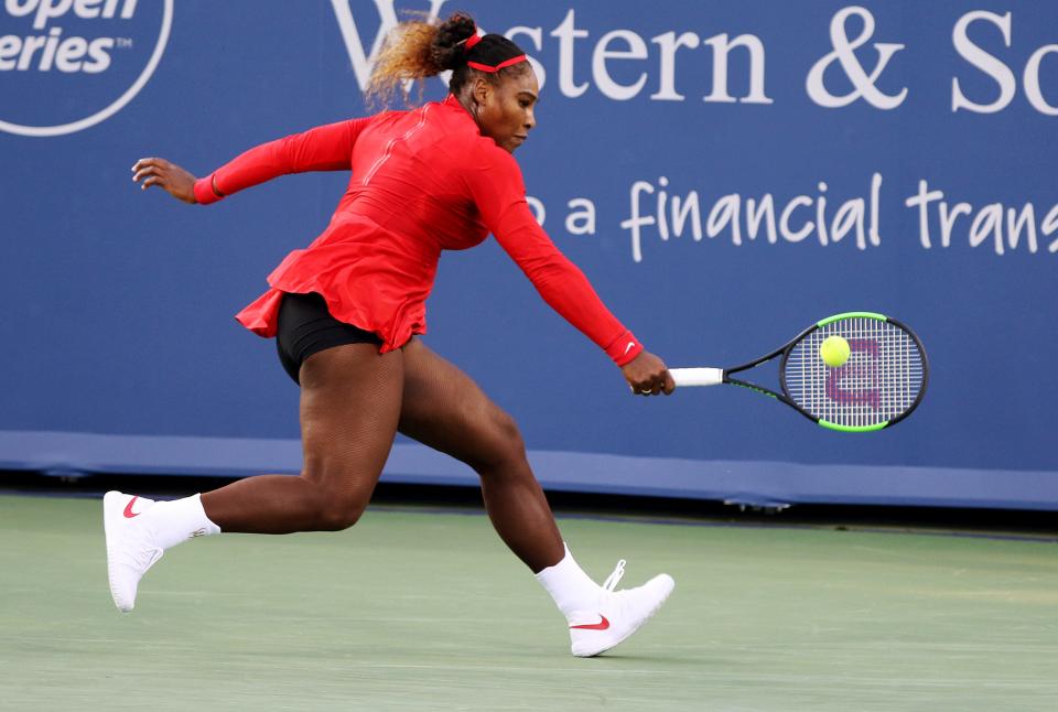 Serena Williams makes hit to Daria Gavrilova during the first round of the Western and Southern Open at the Lindner Family Tennis Center in Mason Monday August 13, 2018. Williams won 6-1,6-2.