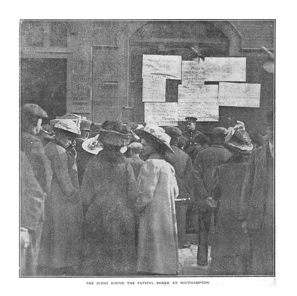 The Scene Round the Fateful Board at Southampton&#39;, April 20, 1912. Anxious relatives and friends wait for news after the disaster. The White Star Line ship RMS &#39;Titanic&#39; struck an iceberg in thick fog off Newfoundland on 14 April 1912. She was the largest and most luxurious ocean liner of her time, and thought to be unsinkable. In the collision, five of her watertight compartments were compromised and she sank. Out of the 2228 people on board, only 705 survived. A major cause of the loss of life was the insufficient number of lifeboats she carried. Page 20, from 