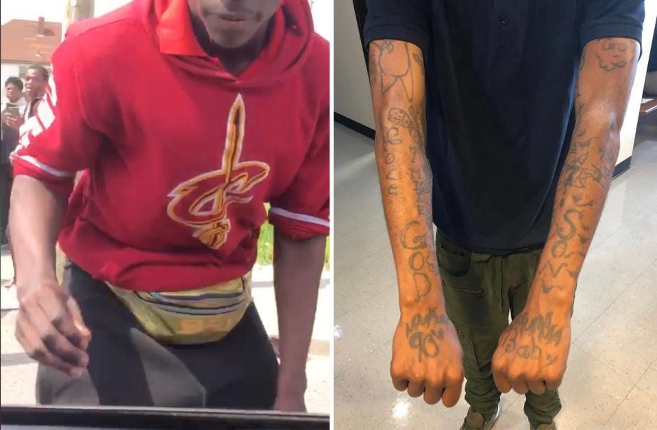 An image taken from cell phone video shortly before the young man reached into a vehicle and grabbed the phone is on the left. On the right is a picture of Michael Oliver showing some of his tattoos. They weren’t visible on the person recorded on video. Oliver's case was dismissed after officials determined he had been misidentified.