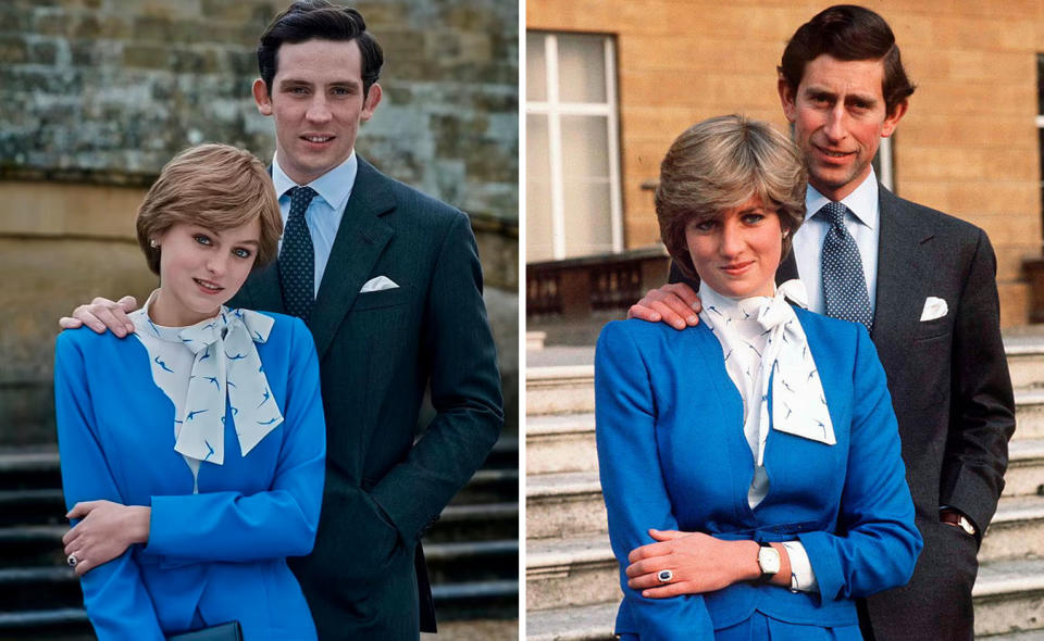 L: Dominic West and Elizabeth Debicki as Prince Charles and Princess Diana on The Crown. R: Princess Diana and Prince Charles