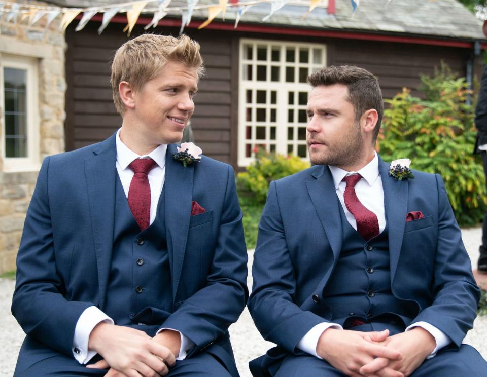 robert sugden and aaron dingle's wedding day in emmerdale