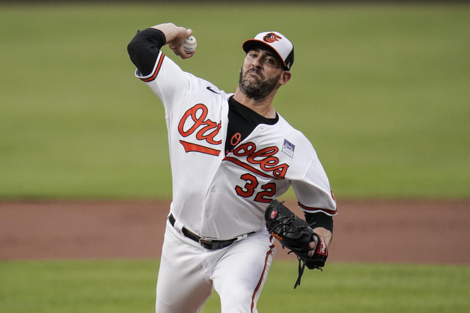 Baltimore Orioles starting pitcher Matt Harvey throws a pitch to the Minnesota Twins during the first inning of a baseball game, Wednesday, June 2, 2021, in Baltimore. (AP Photo/Julio Cortez)