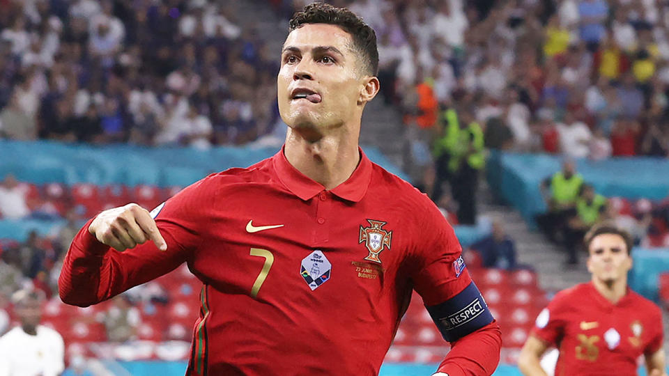 Cristiano Ronaldo is seen here celebrating after scoring from the penalty spot against France.