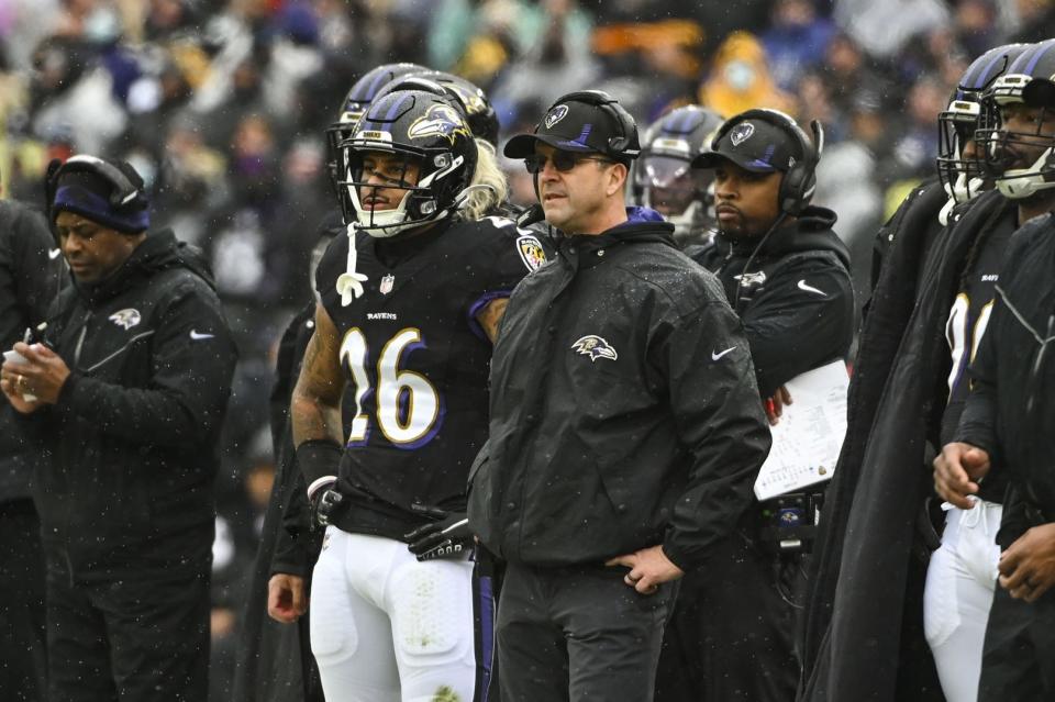 Jan 9, 2022; Baltimore, Maryland, USA;  Baltimore Ravens head coach John Harbaugh looks onto the field during the first quarter against the Pittsburgh Steelers at M&T Bank Stadium. Mandatory Credit: Tommy Gilligan-USA TODAY Sports