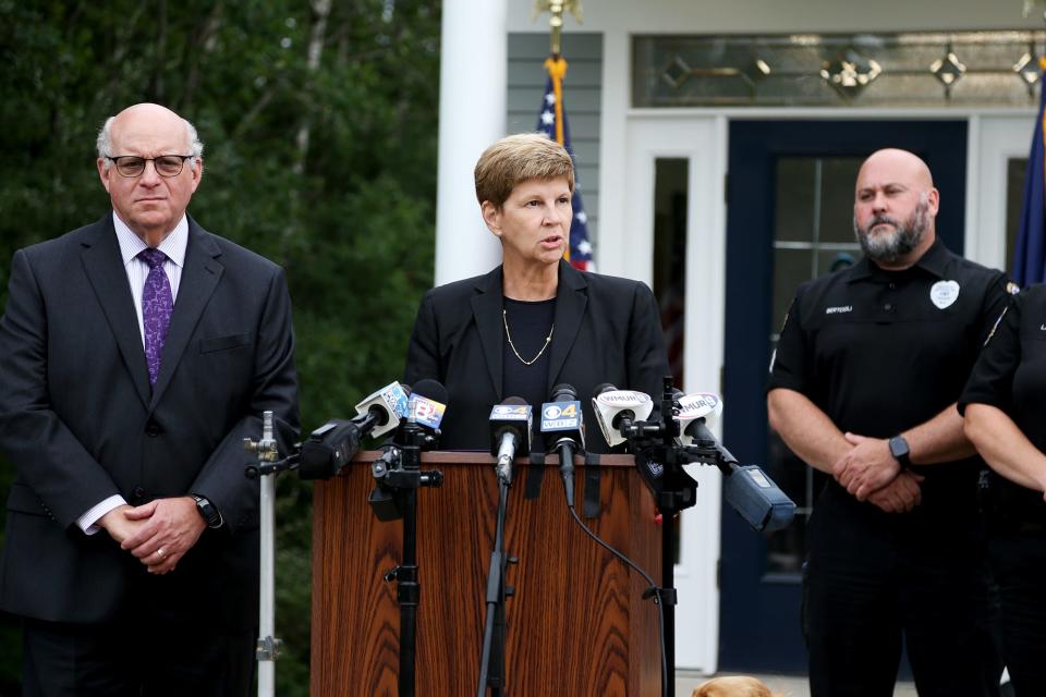 New Hampshire U.S. Attorney Jane Young holds a press conference at the Greenland Police Department Tuesday, Aug. 9, 2022 regarding the arrest of First Student bus driver Michael Chick of Eliot, Maine on an interstate stalking charge.