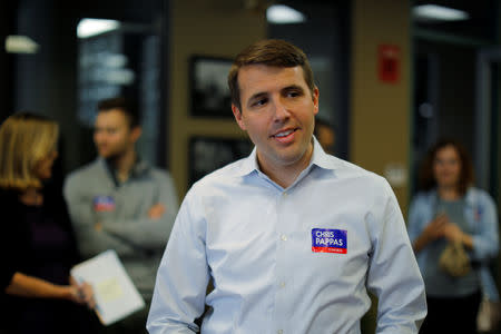 Democratic candidate for the U.S. Congress Chris Pappas greets voters at the Bridge Cafe ahead New Hampshire's primary election in Manchester, New Hampshire, U.S., September 10, 2018. REUTERS/Brian Snyder