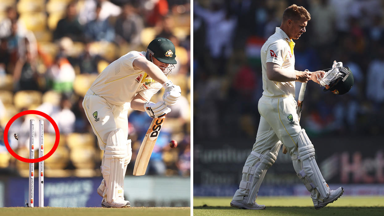 David Warner is pictured being bowled on the left, and walking off the field at Nagpur on the right.