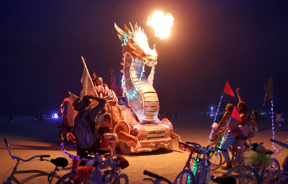 <p>Participants ride a mutant vehicle as approximately 70,000 people from all over the world gathered for the annual Burning Man arts and music festival in the Black Rock Desert of Nevada, Aug. 30, 2017. (Photo: Jim Urquhart/Reuters) </p>