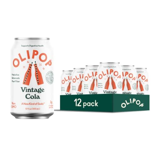 OLIPOP - Vintage Cola Sparkling Tonic, Healthy Soda, Prebiotic Soft Drink, Aids Digestive Health, Contains Prebiotics & Plant Fiber, 50mg of Green-Tea Caffeine, Low Calorie, Low Sugar (12 oz, 12-Pack)