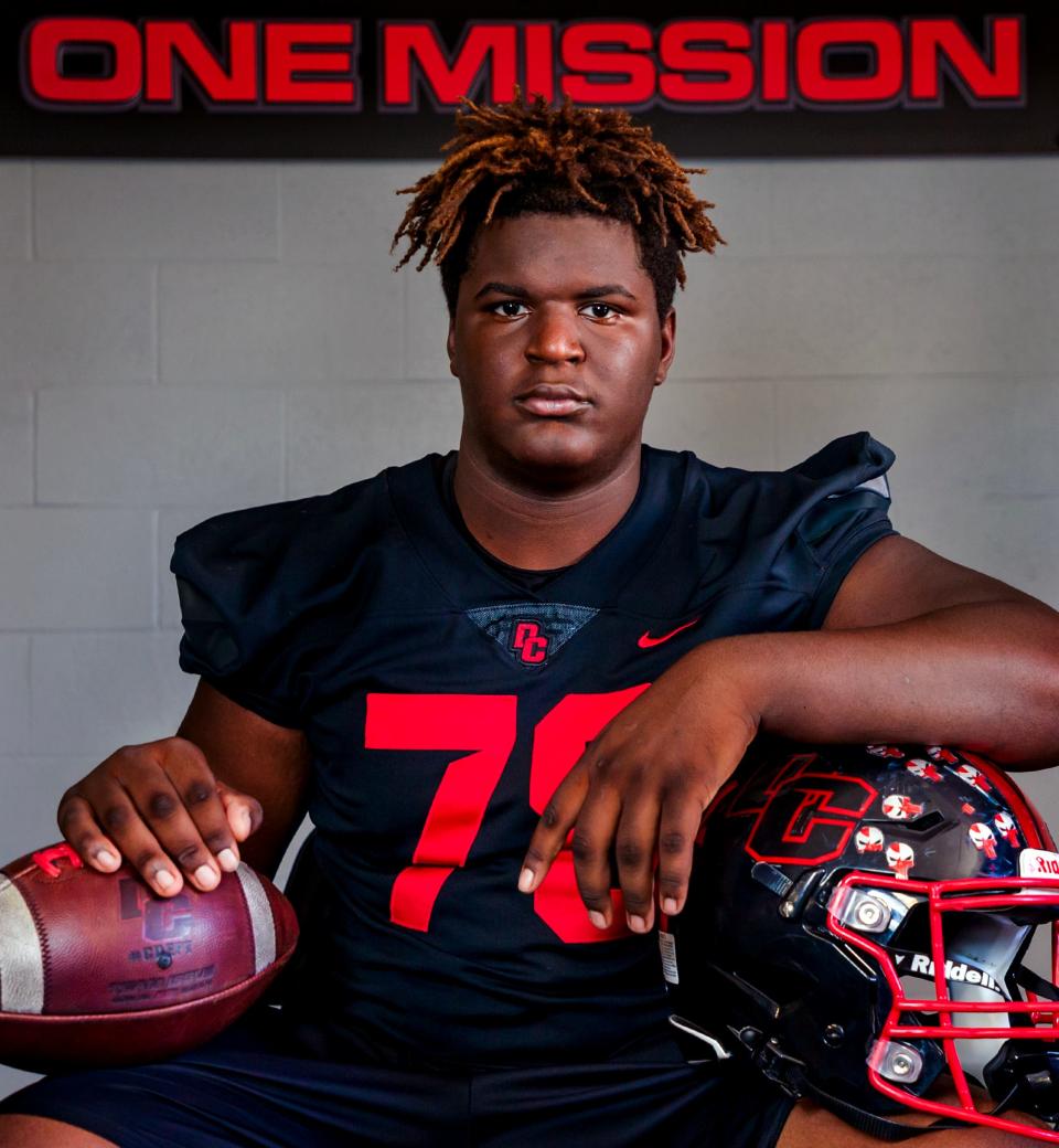 Del City offensive lineman Darreyl Thomas poses for a photo at Del City High School in Del City, Okla. on Wednesday, June 28, 2023.