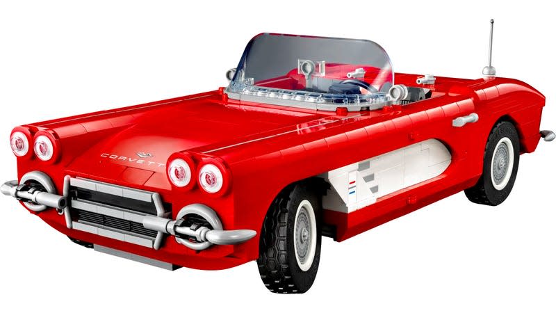 A front angle shot of the Lego Icons 1961 Corvette model in convertible mode.