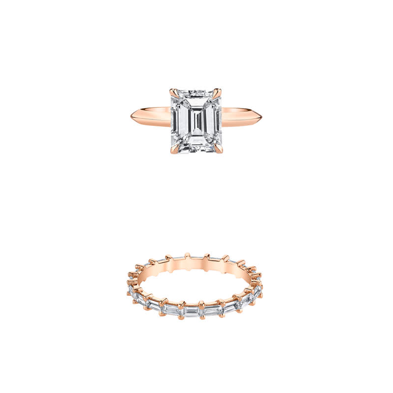 <a rel="nofollow noopener" href="https://www.lizziemandler.com/bespoke2/" target="_blank" data-ylk="slk:2.43 CT. Emerald Cut Rose Gold Engagement Ring, Lizzie Mandler;elm:context_link;itc:0;sec:content-canvas" class="link ">2.43 CT. Emerald Cut Rose Gold Engagement Ring, Lizzie Mandler</a><a rel="nofollow noopener" href="https://www.lizziemandler.com/rings/u2ixif4mibhpsu0vjib1dmt8tfp8cw" target="_blank" data-ylk="slk:Baguette Eternity Band in 18k Rose Gold with White Diamonds, Lizzie Mandler, $13958;elm:context_link;itc:0;sec:content-canvas" class="link ">Baguette Eternity Band in 18k Rose Gold with White Diamonds, Lizzie Mandler, $13958</a>