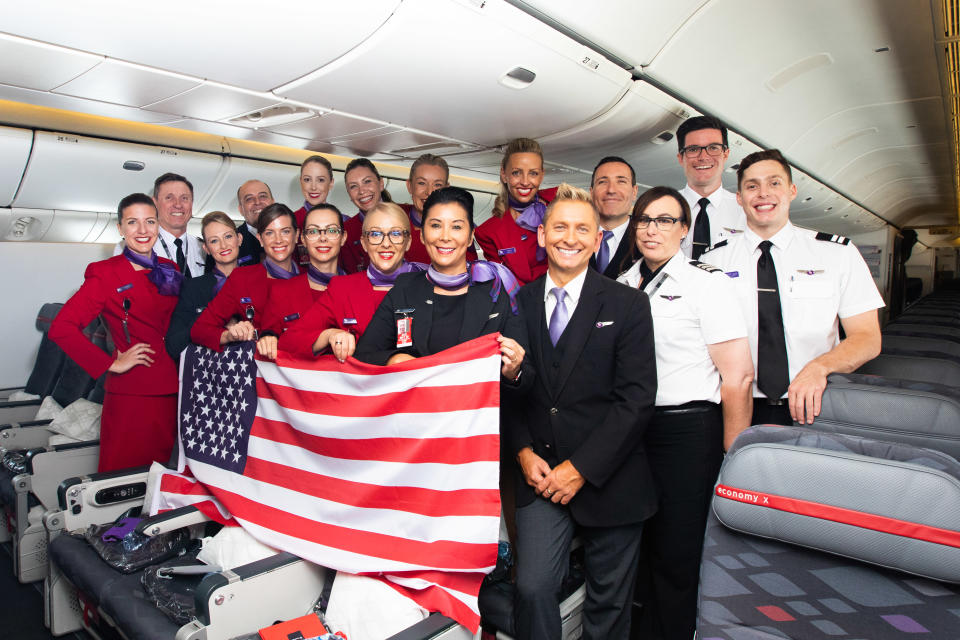 The original crew back together to celebrate 10 years of flying to Los Angeles. Photo: Virgin Australia