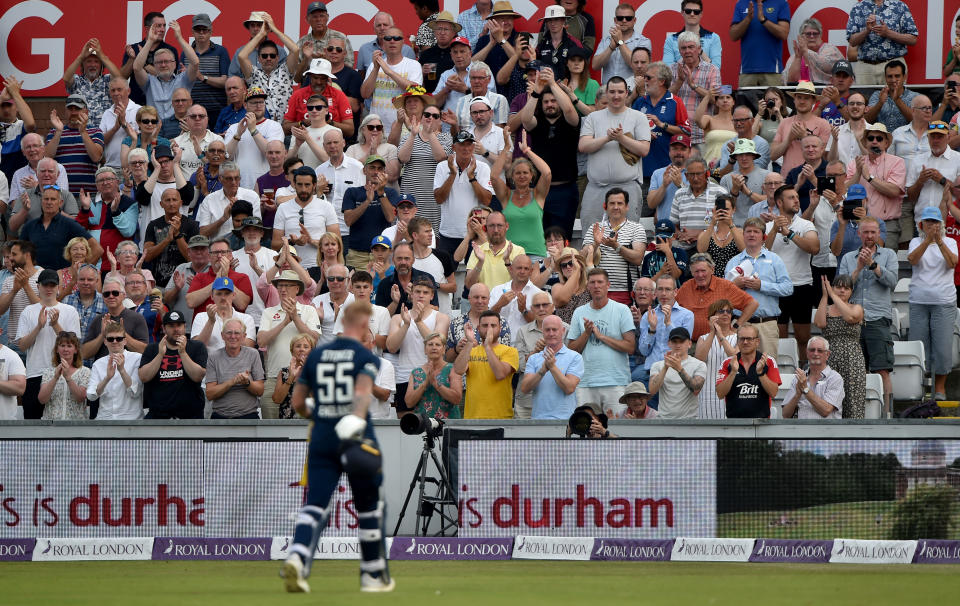 Fans, pictured here applauding Ben Stokes after the final innings of his ODI career for England.