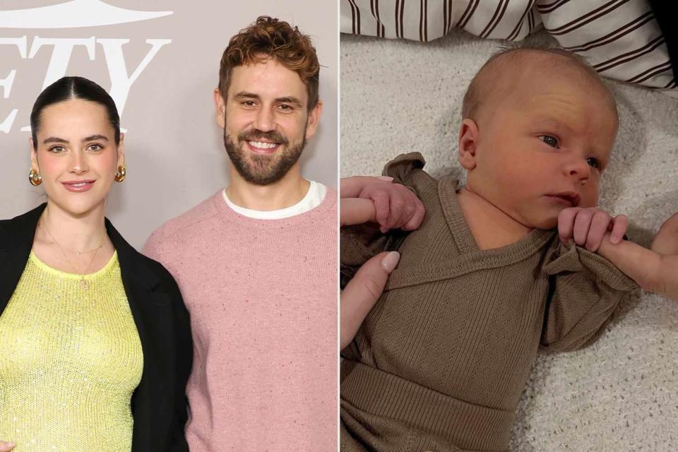 <p>Monica Schipper/Getty, Nick Viall/Instagram</p> Nick Viall and Natalie Joy (L), Newborn daughter River (R)