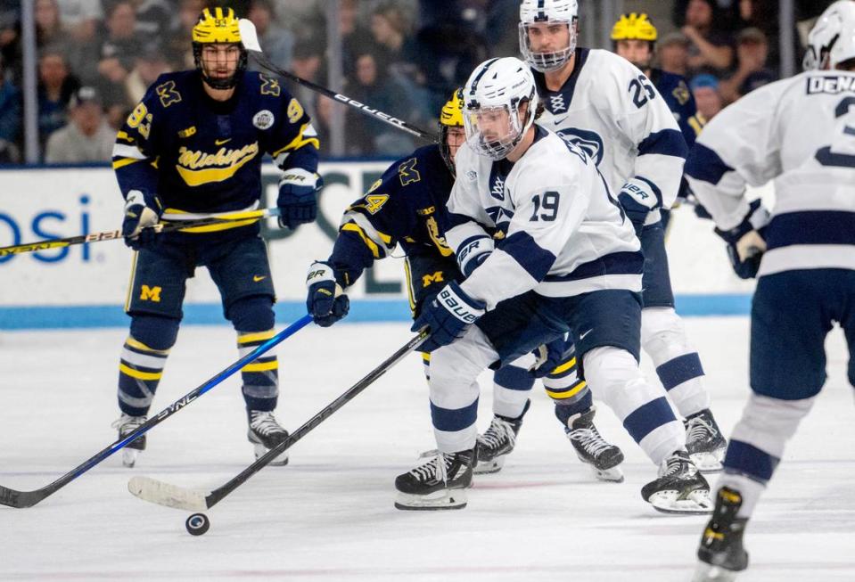 Penn State’s Connor McMenamin controls the puck during the game against Michigan on Friday, Nov. 4, 2022.