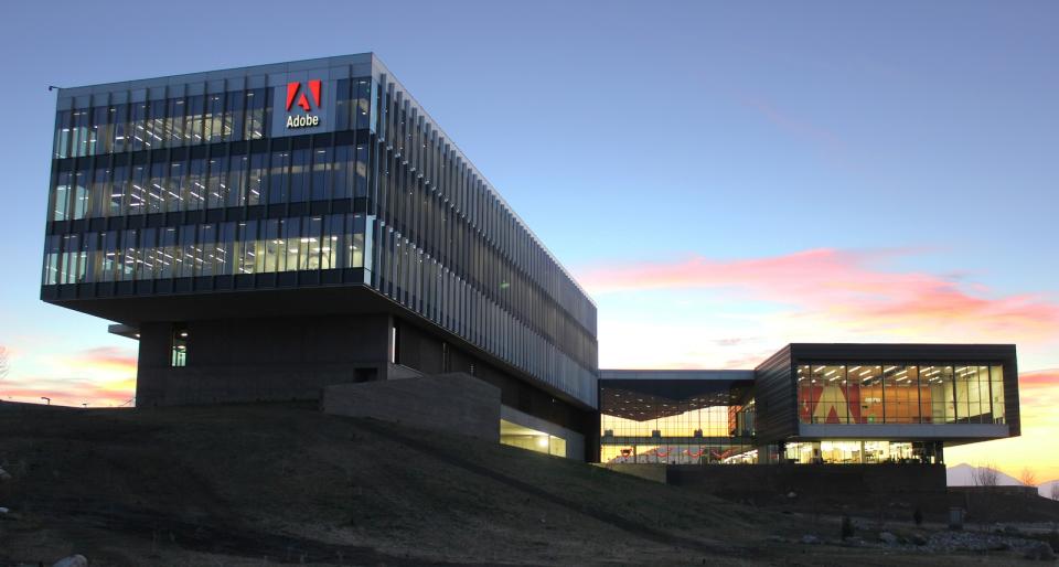 Adobe office space in Utah with sunset in the background.