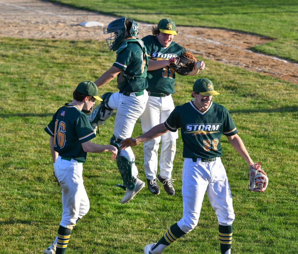 Sauk Rapids players celebrate their win against Sartell during the game Thursday, May 5, 2022, in Sauk Rapids. 
