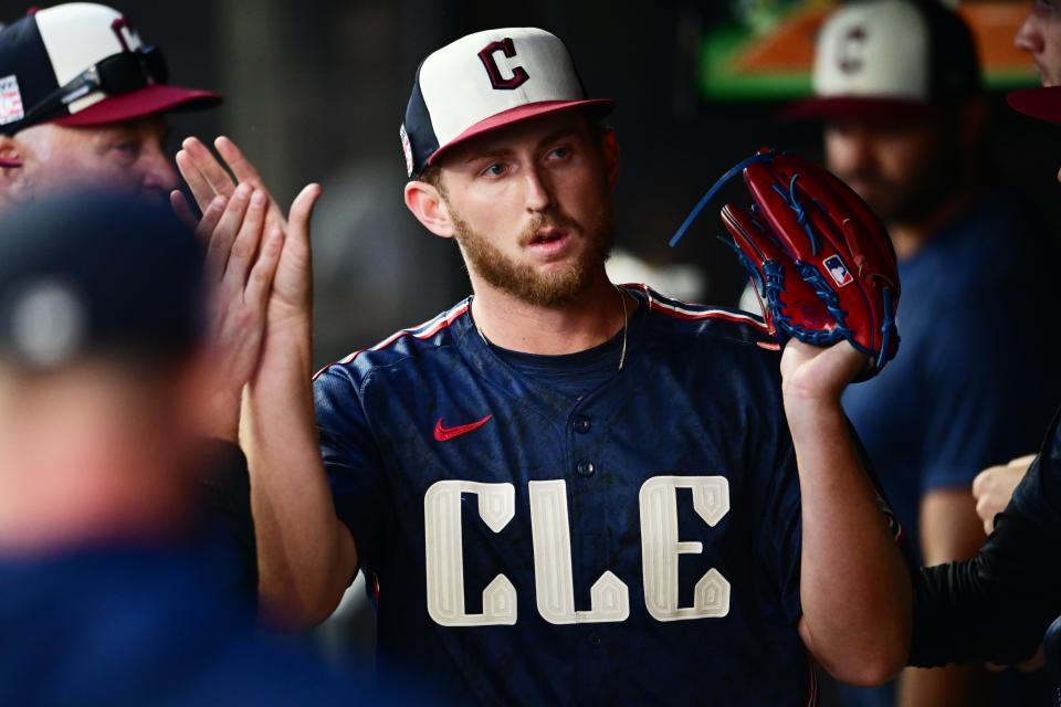 Guardians starting pitcher Tanner Bibee celebrates during the sixth inning against the Padres, July 19, 2024, in Cleveland