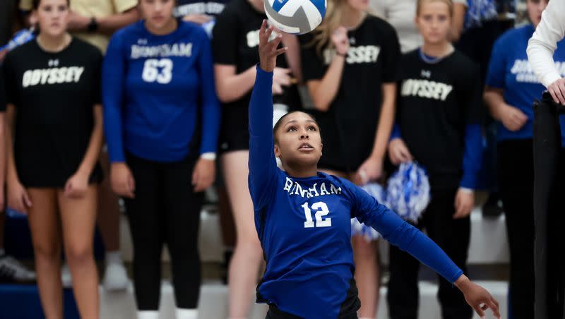 Bingham’s Levani Key-Powell hits the ball to Mountain Ridge in a volleyball match in South Jordan on Tuesday, Sept. 12, 2023.