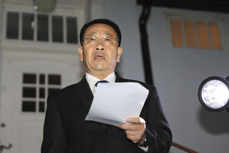 North Korean negotiator Kim Miyong Gil reads statement outside the North Korean Embassy in Stockholm, Sweden, Saturday, Oct. 5, 2019. North Korea's chief negotiator said Saturday that discussions with the U.S. on Pyongyang's nuclear program have broken down, but Washington said the two sides had "good discussions" that it intends to build on in two weeks. (Kyodo News via AP)