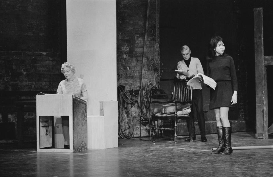 British actress Edith Evans (1888 - 1976), British theatrical director and author Basil Ashmore (1915 - 1998), and Jamaican actress Mona Hammond during rehearsals of 'The Adventures of the Black Girl in Her Search for God' at the Mermaid Theatre in London, UK, 2nd February 1968.  (Photo by Larry Ellis/Daily Express/Getty Images)