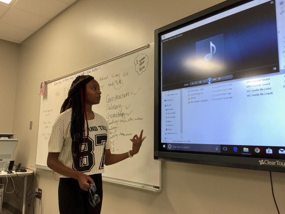 Jy’Nivea Troutman presents her podcast to her class at the Williams S. Hutchings College and Career Academy in Macon, Georgia, in May 2019.