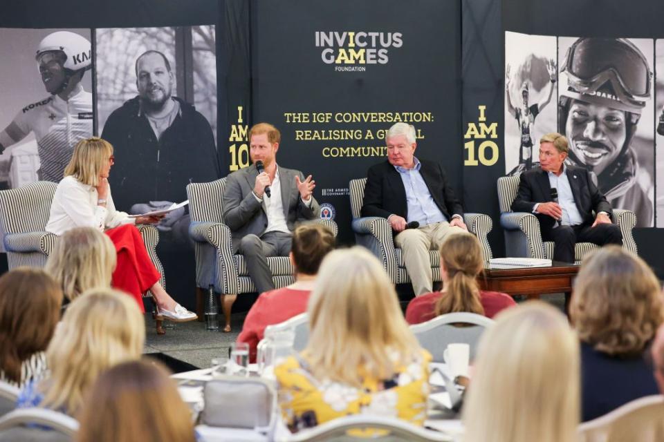 london, england may 07 l r louise minchin, prince harry, duke of sussex, patron of the invictus games foundation, sir keith mills gbe dl and ken fisher, fhf speak onstage during the invictus games foundation conversation titled realising a global community at the honourable artillery company on may 07, 2024 in london, england the event marks 10 years since the inaugural invictus games in london 2014 photo by chris jacksongetty images for the invictus games foundation