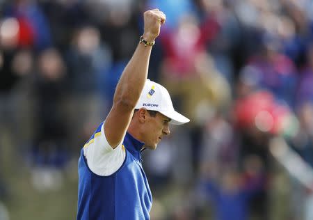 Golf - 2018 Ryder Cup at Le Golf National - Guyancourt, France - September 30, 2018 - Team Europe's Thorbjorn Olesen celebrates during the Singles REUTERS/Paul Childs