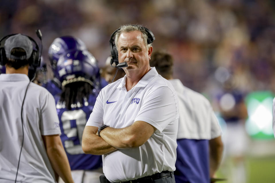 TCU head coach Sonny Dykes looks to the sideline during a timeout during the second half of an NCAA college football game against Nicholls State, Saturday, Sept. 9, 2023, in Fort Worth, Texas. (AP Photo/Gareth Patterson)