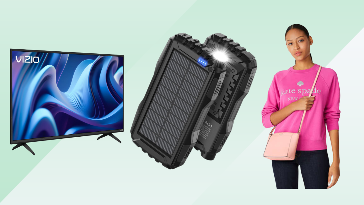 vizio tv, solar power bank, woman wearing kate spade sweatshirt and pink handbag