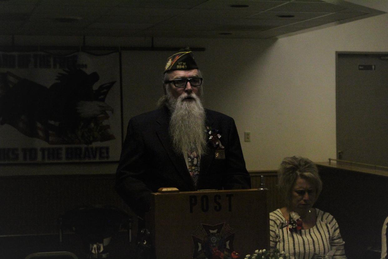 Commander Bill Myers speaks at the Past Commanders/Past Presidents banquet on Sunday at Veterans of Foreign Wars of the United States Mohican Post 9943.
