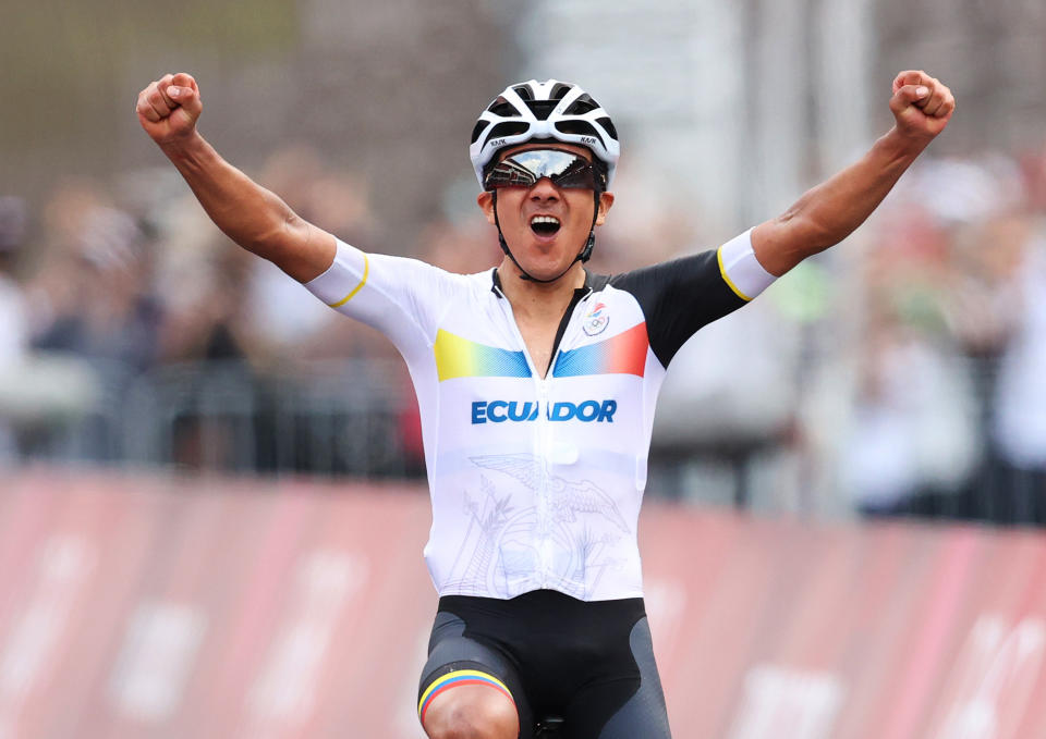 Richard Carapaz of Team Ecuador celebrates winning the gold medal during the Men's road race