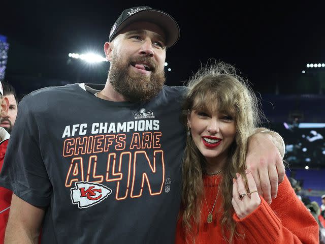 <p>Patrick Smith/Getty </p> Travis Kelce and Taylor Swift at AFC Championship Game