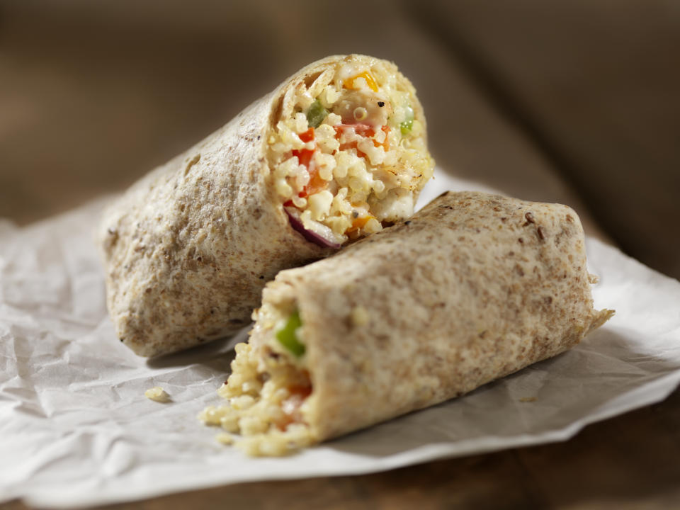 "Creamy Quinoa and Chicken Salad Wrap with Green, Red, Yellow Peppers, Green and Yellow Beans, Red Onions and Tomatoes -Photographed on Hasselblad H3D2-39mb Camera"