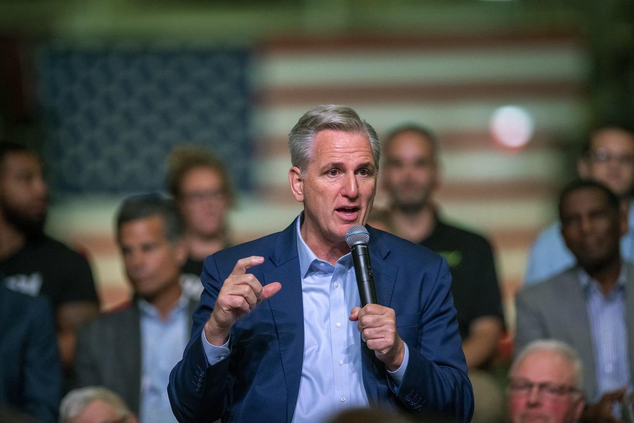 U.S. Rep. Kevin McCarthy introduces the House GOP's "Commitment to America," at a gathering at Ductmate Industries, Friday, Sep. 23, 2022 in Monongahela, Pa. (Pam Panchak/Pittsburgh Post-Gazette via AP)