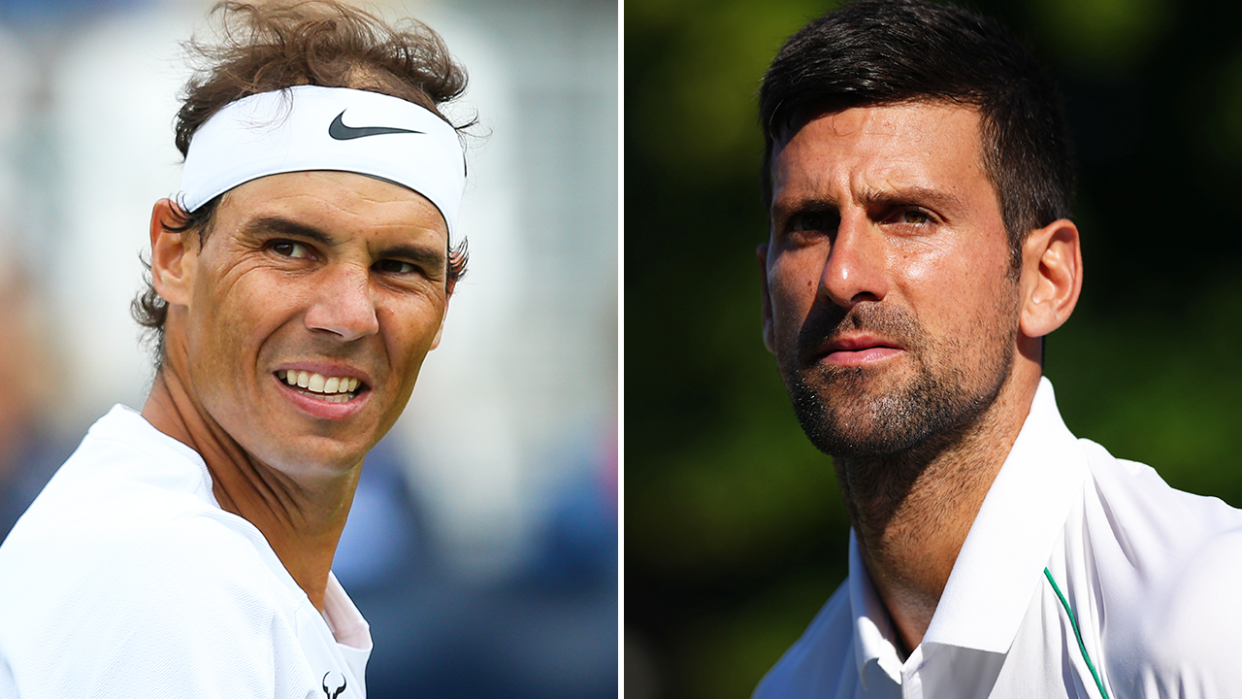 Rafa Nadal (pictured left) during an exhibition match and Novak Djokovic (pictured right) during training.