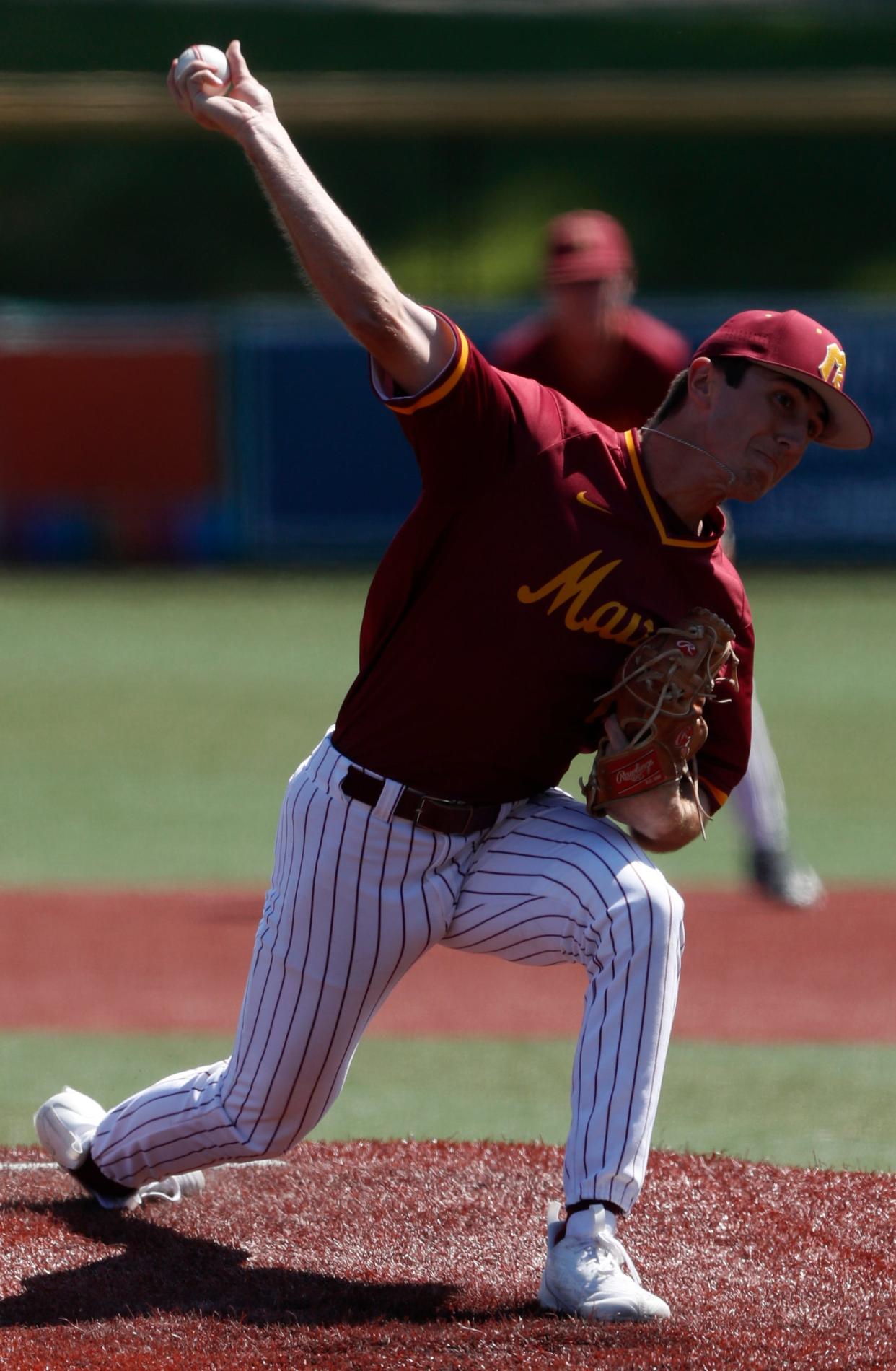 McCutcheon Mavericks Owen Smith (11) pitches during the IHSAA baseball sectional championship against the Harrison Raiders, Monday, May 29, 2023, at Municipal Stadium in Kokomo, Ind. Harrison won 5-2.