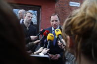 Sweden's Prime Minister Stefan Lofven makes a statement to reporters in Skene, Sweden, Friday, April 8, 2017. A truck crashed into an upscale department store in central Stockholm on Friday, killing at least two people, according to Swedish Prime Minister Stefan Lofven, who said all indications were that it was a terror attack. One person was arrested. "Sweden has been attacked,” Lofven said. “This indicates that it is an act of terror." (Thomas Johansson/TT News Agency via AP)