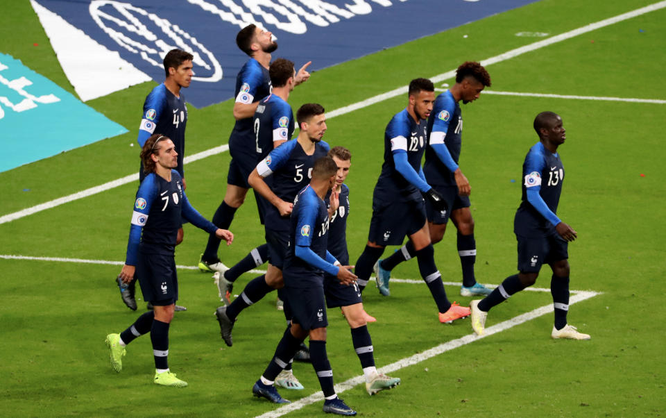 France players celebrate qualification for Euro 2020.  (Photo by Xavier Laine/Getty Images)