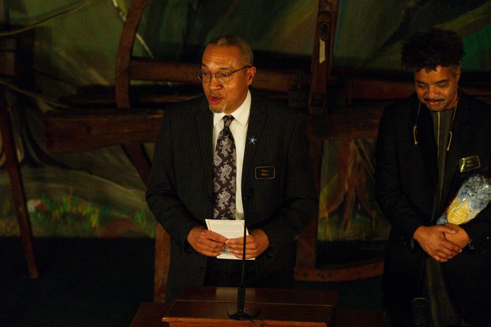 Chris Haley, Alex Haley's nephew, speaks during a celebration of the life of Alex Haley for the Heroes of Southern Appalachia at the Museum of Appalachia on Friday, March 1, 2024. Next to him is Bill Haley, Alex Haley's grandson.