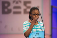 <p>Haven Griggs of Lawndale, N.C., misspells her word during the 90th Scripps National Spelling Bee in Oxon Hill, Md., Wednesday, May 31, 2017. (AP Photo/Cliff Owen) </p>