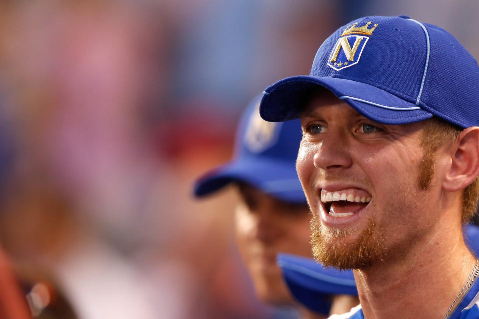 KANSAS CITY, MO - JULY 09: National League All-Star Stephen Strasburg #37 of the Washington Nationals smiles during the State Farm Home Run Derby at Kauffman Stadium on July 9, 2012 in Kansas City, Missouri. (Photo by Jamie Squire/Getty Images)