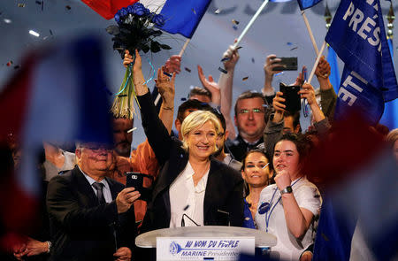 Marine Le Pen, French National Front (FN) political party leader and candidate for French 2017 presidential election, waves to supporters at the end of a political rally in Bordeaux, France, April 2, 2017. REUTERS/Regis Duvignau