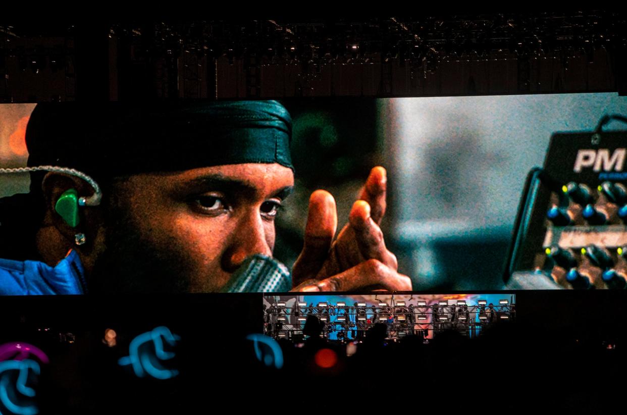 Frank Ocean is seen on the display screen during his headlining set on the Coachella stage during the Coachella Valley Music and Arts Festival at the Empire Polo Club in Indio, Calif., Sunday, April 16, 2023. 