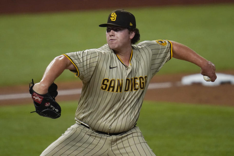 San Diego Padres relief pitcher Ryan Weathers throws to the Los Angeles Dodgers during the third inning in Game 1 of a baseball NL Division Series, Tuesday, Oct. 6, 2020, in Arlington, Texas. (AP Photo/Sue Ogrocki)