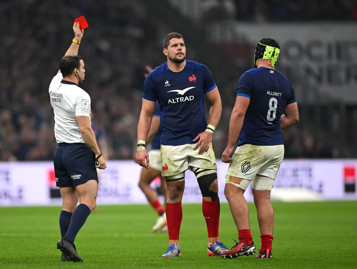 Paul Willemse of France reacts after being shown a red card by referee Karl Dickson (Getty Images)