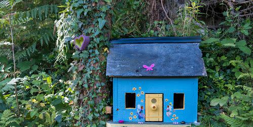 blue fairy house along the path on the coast of ireland house is blue with yellow door, in a green lush forest